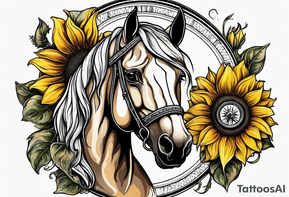 Horse, compass, sunflower tattoo idea