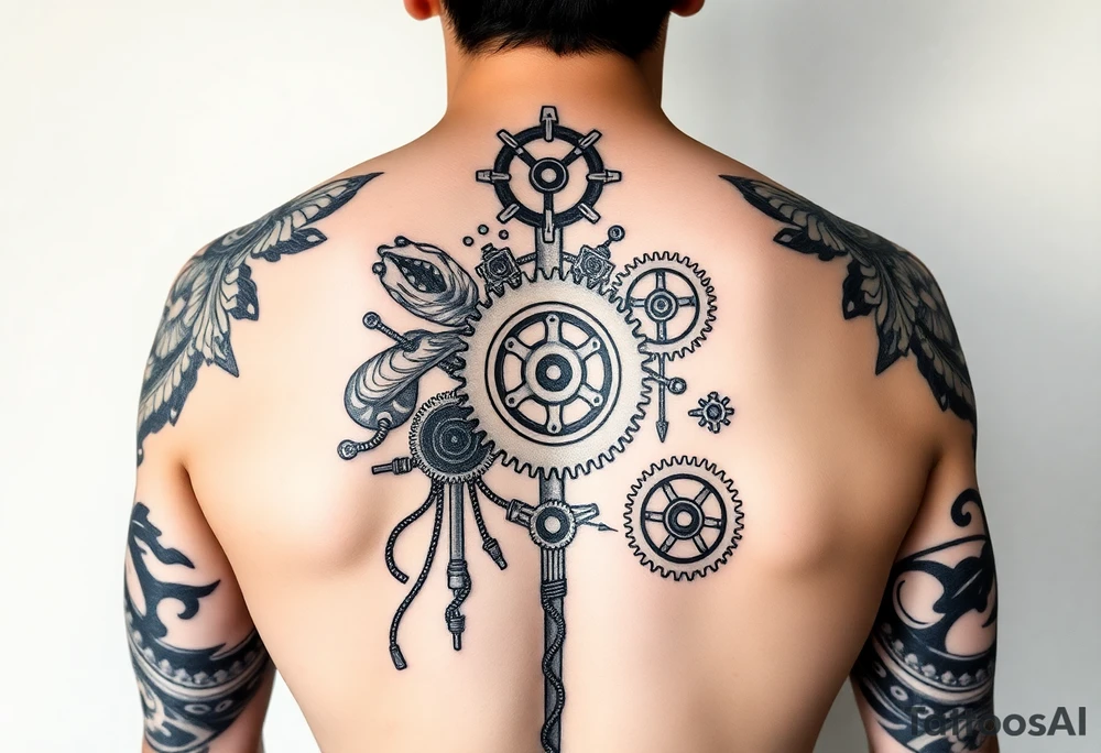 Can you help me design my next tattoo? I already have Polynesian-style tattoos covering left shoulder blade and second in the middle of back going along the spine up till my neck, and I’m looking for ideas to fill the white space between them. I haven’t been able to come up with anything that works. The white space starts from the neck, goes between the shoulderblades and goes all the way from the sides to top of my buttocks.

I’d like the new elements to be in a different style than Polynesian, but still visually cohesive so they complement the existing tattoos rather than clash with them. Maybe steampunk, pipes, cords, cogwheels and mechanical elements tattoo idea