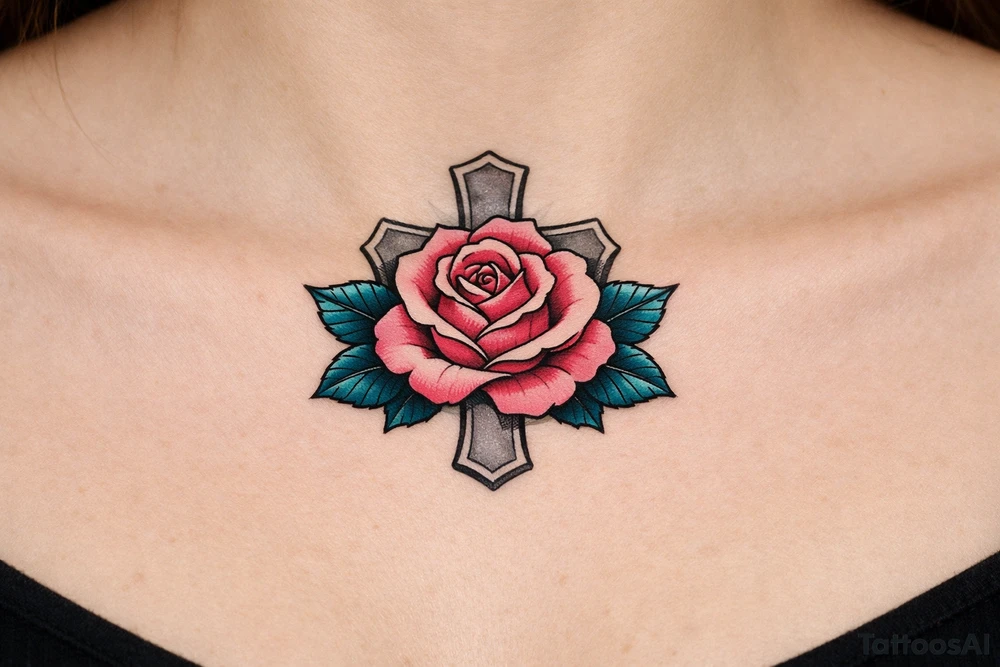 Pink rose , petrol leaves no stem, 
 cross behind it, cross is grey tattoo idea