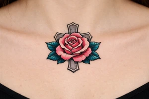 Pink rose , petrol leaves no stem, 
 cross behind it, cross is grey tattoo idea