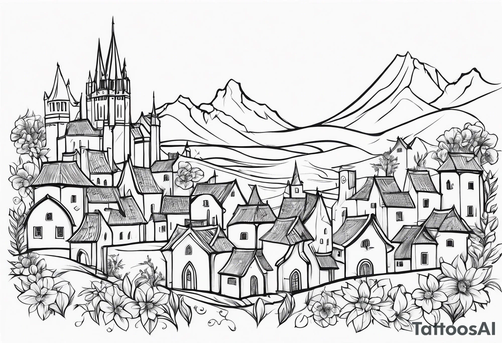 medieval tribal city 
floral  land  vignette tattoo idea