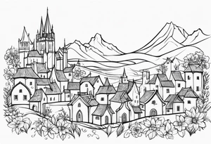 medieval tribal city 
floral  land  vignette tattoo idea