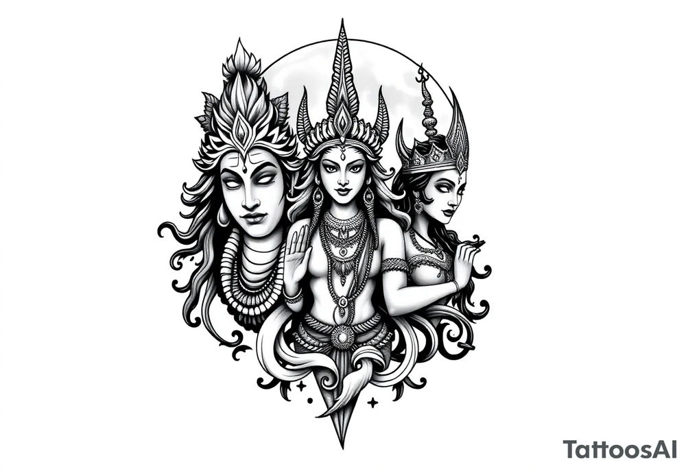 Lord Shiva, Godess Kali, Godess Lilith Together with the moon in the background tattoo idea