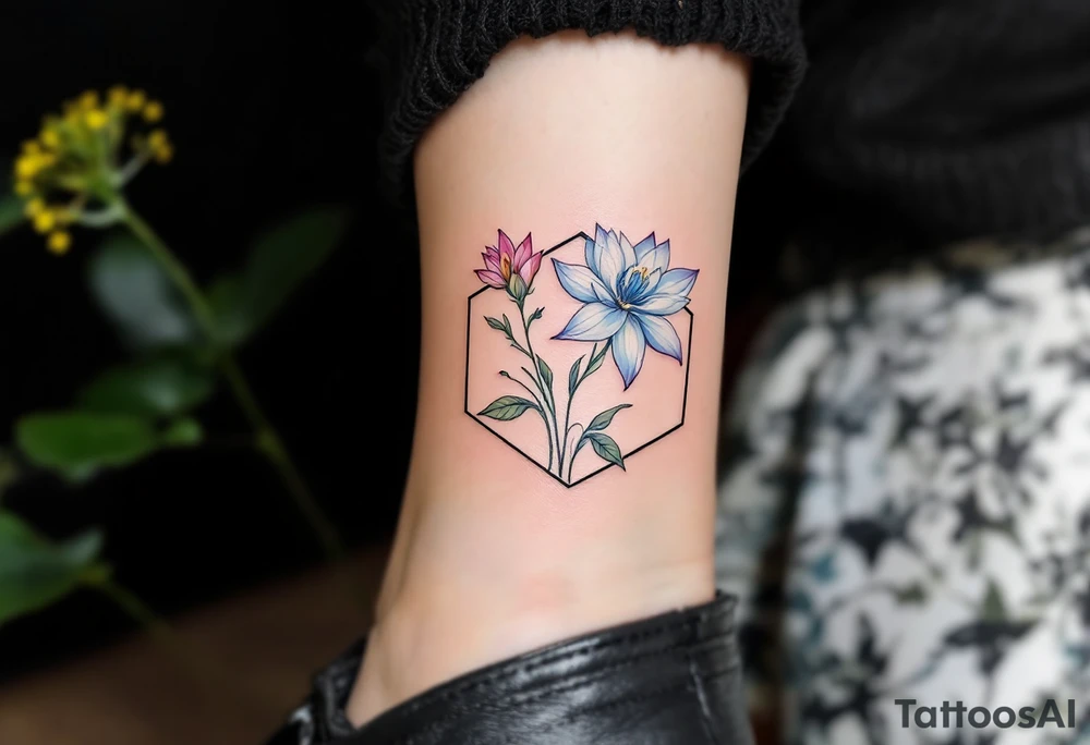 Leo sign, larkspur and water lily surrounded by a hexagon tattoo idea