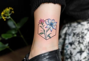 Leo sign, larkspur and water lily surrounded by a hexagon tattoo idea