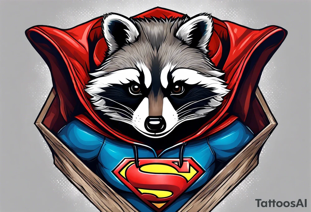 raccoon wearing a Superman hoodie tattoo idea