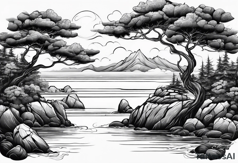 Sea view with rocks, trees, people and homes tattoo idea