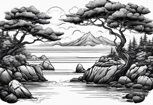 Sea view with rocks, trees, people and homes tattoo idea