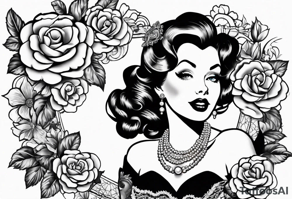 1950s pinup pumps with flowers, pearl necklaces, bows, and lace tattoo idea