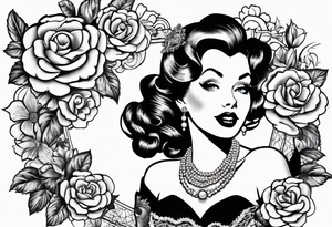 1950s pinup pumps with flowers, pearl necklaces, bows, and lace tattoo idea