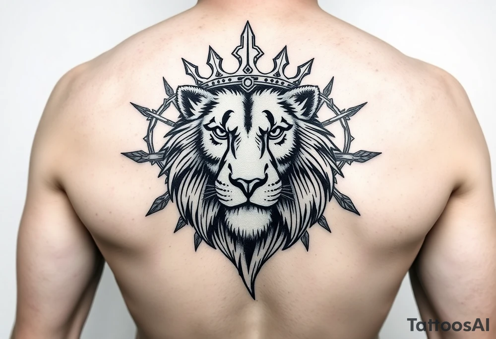 powerful majestic lion with a crown, surrounded by thorns ornaments tattoo idea