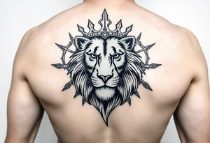 powerful majestic lion with a crown, surrounded by thorns ornaments tattoo idea