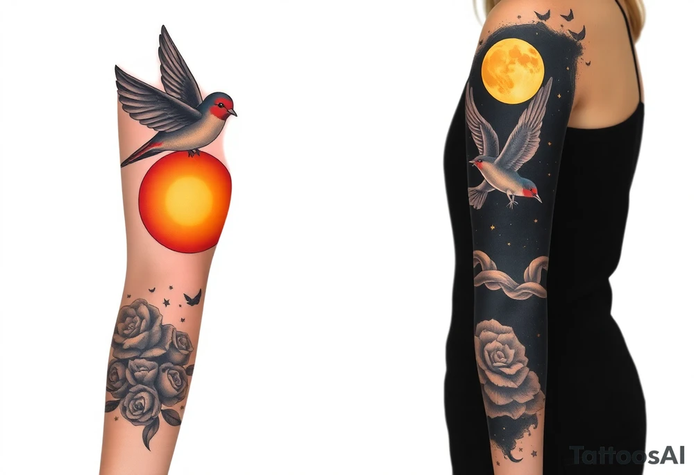one side of the arm- the other has a swallow  flying into the night sky into a moon/sun based on the lyrics )into the night of the dark black sky” by the beatles. the rest of the tattoo sleeve is based on these two songs plus “the soft parade” by the doors tattoo idea