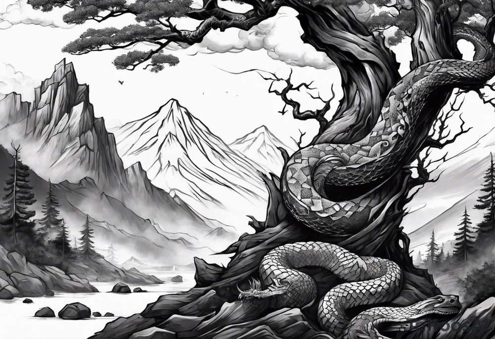 Full arm sleeve, tree going up to shoulder dead tree going down to wrist, wrapped in a serpent moving down with mountain, water, and demonic elements tattoo idea