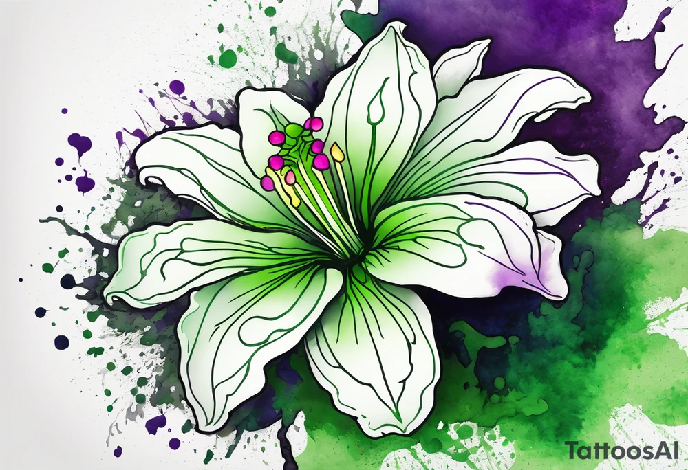 A mystical outline of a green rio dipladenia flower and a green/purple watercolor splatter in the background tattoo idea