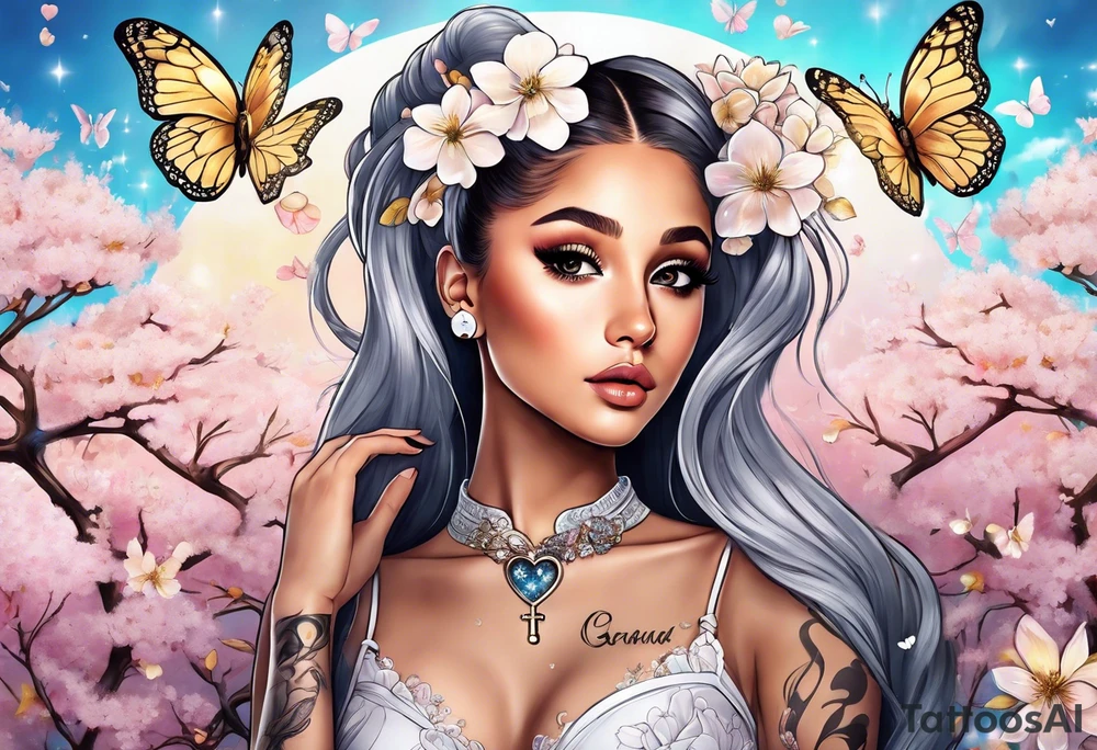 Ariana Grande surrounded in a golden aura with white butterflies and cherry blossoms holding a key that unlocks a heart tattoo idea