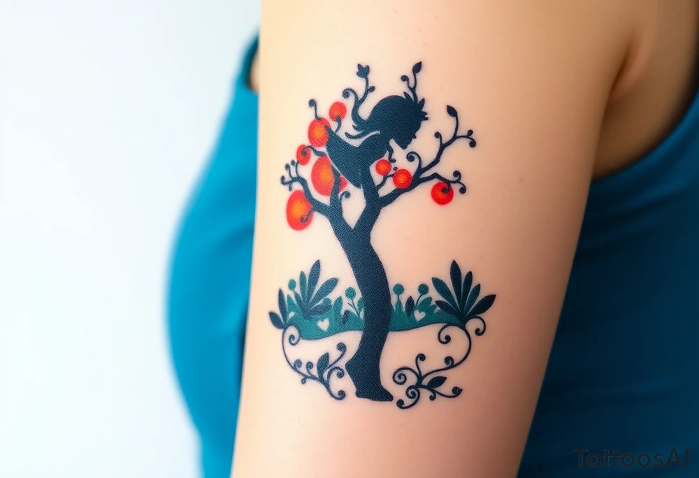 Alice in wonderland silhouette entering a garden and seeing an orange tree tattoo idea
