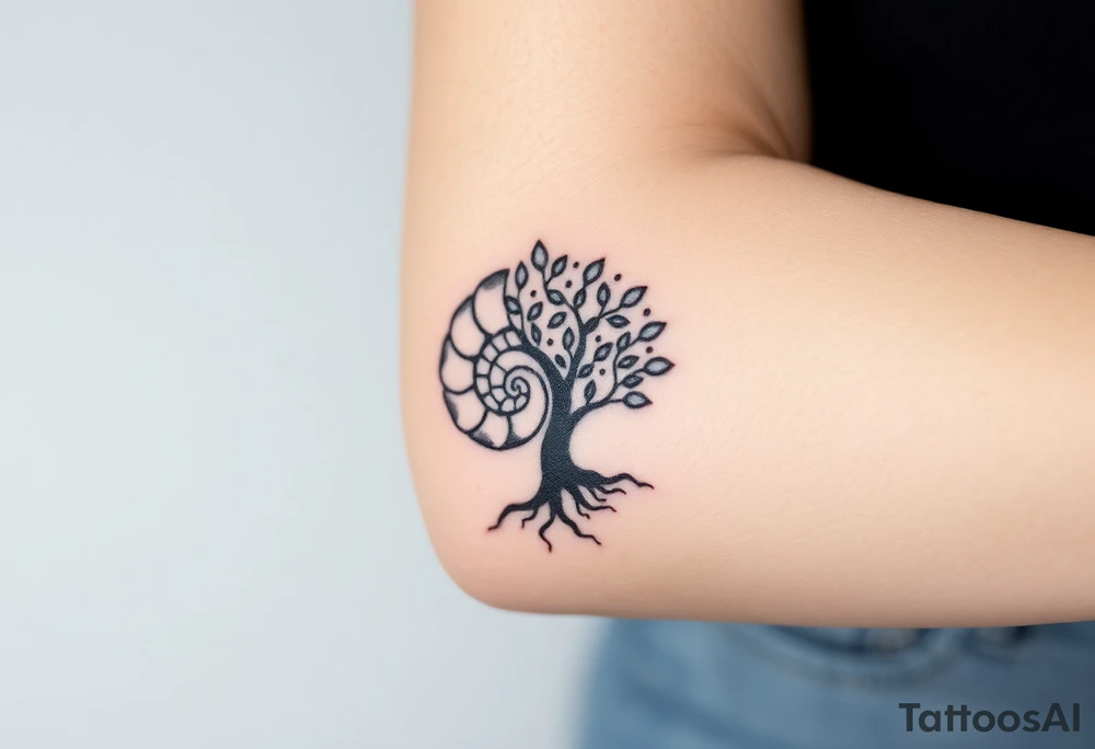 Fibonacci spiral shell on side of base of tree full of lots of leaves tattoo idea