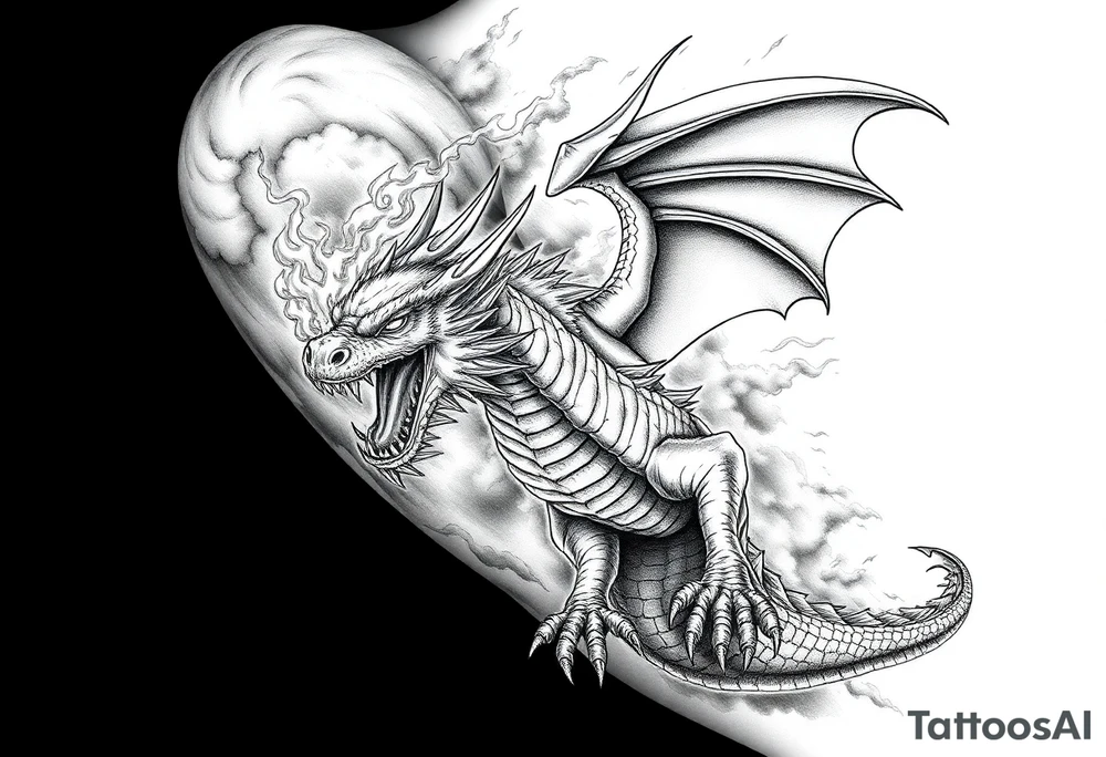 fierce dragon breathing iridescent fire against stormy skies tattoo idea