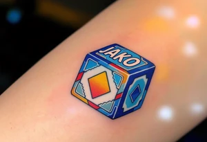 Jakoubek styled as wooden toy blocks, colored in primary red, yellow, and blue. tattoo idea