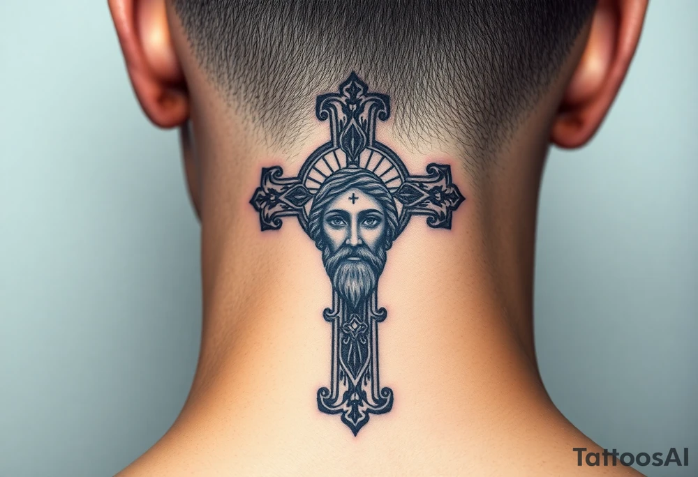 A large Orthodox cross with ornate detailing
Christ Pantocrator face (very traditional Orthodox icon style) tattoo idea