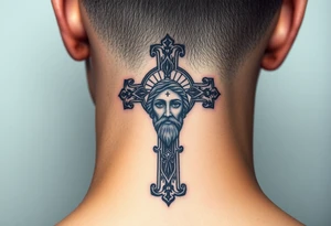A large Orthodox cross with ornate detailing
Christ Pantocrator face (very traditional Orthodox icon style) tattoo idea