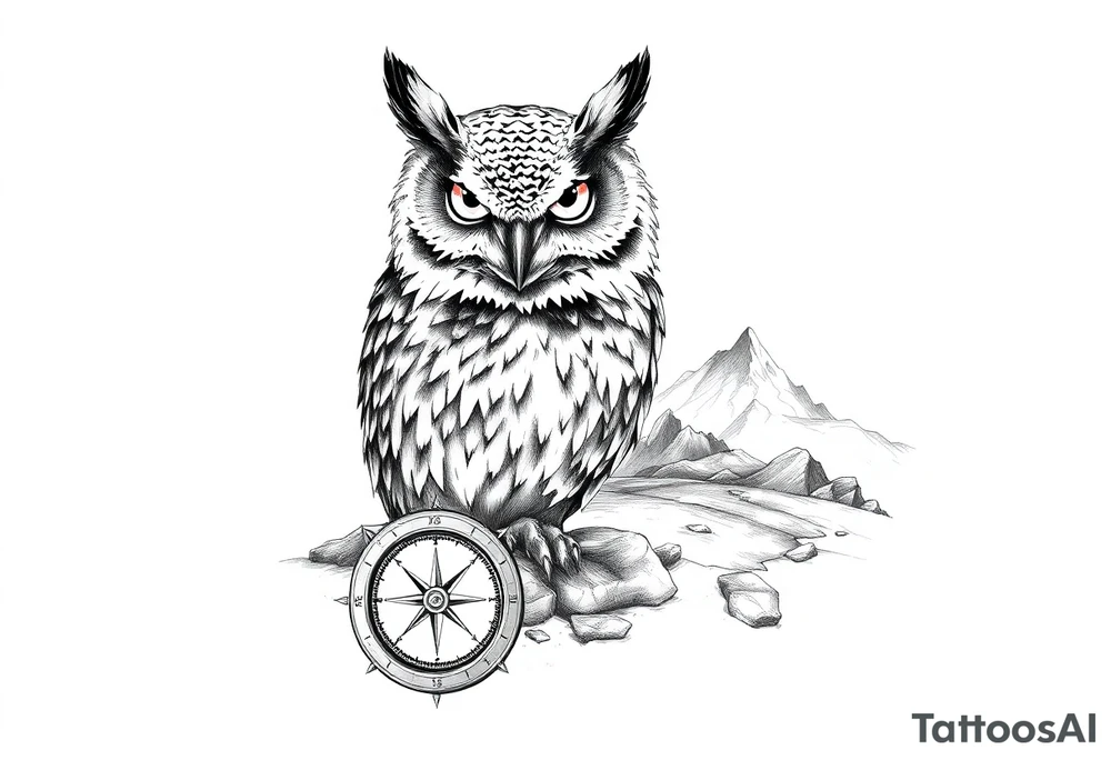 an owl,a compass,landscape. tattoo idea