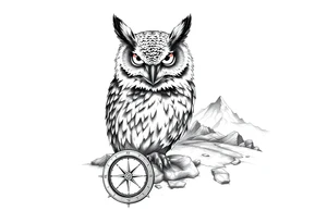 an owl,a compass,landscape. tattoo idea