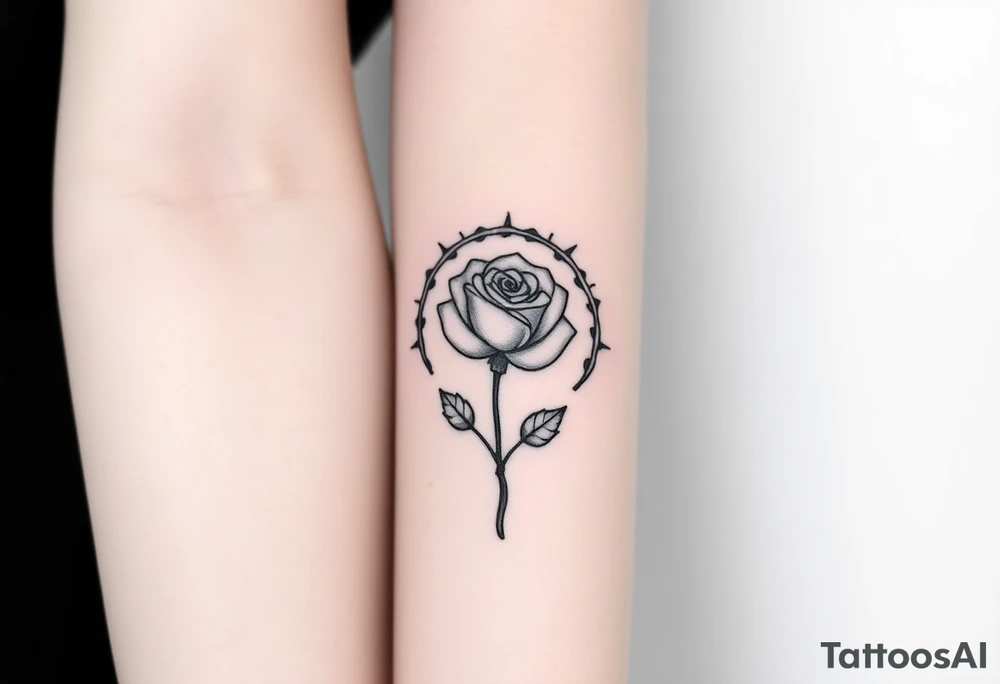 Crown of thorns with a rose with a stem in the middle tattoo idea