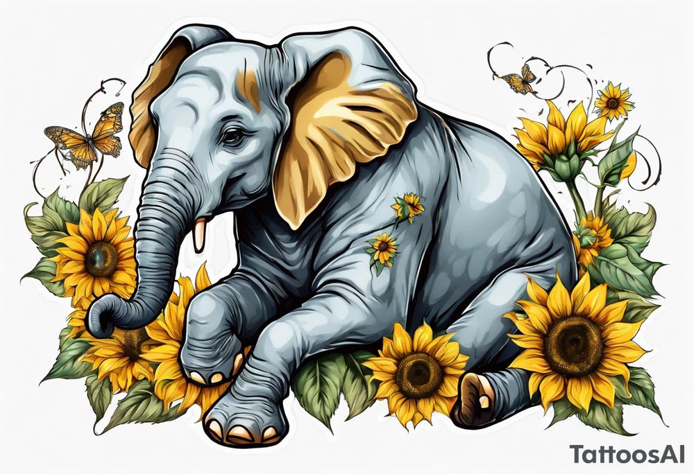 Sitting young elephant with trunk raised in air with sunflowers around it tattoo idea