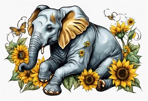 Sitting young elephant with trunk raised in air with sunflowers around it tattoo idea