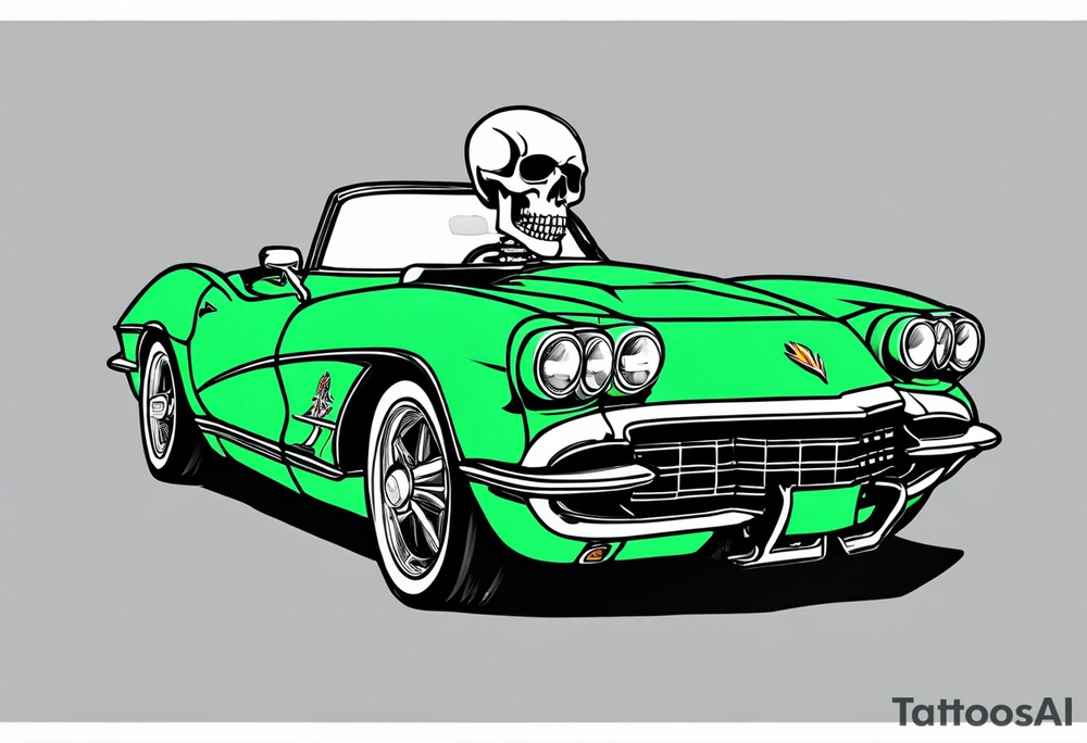 Skeleton smoking a cigarette driving a green 1976 convertible Corvette tattoo idea