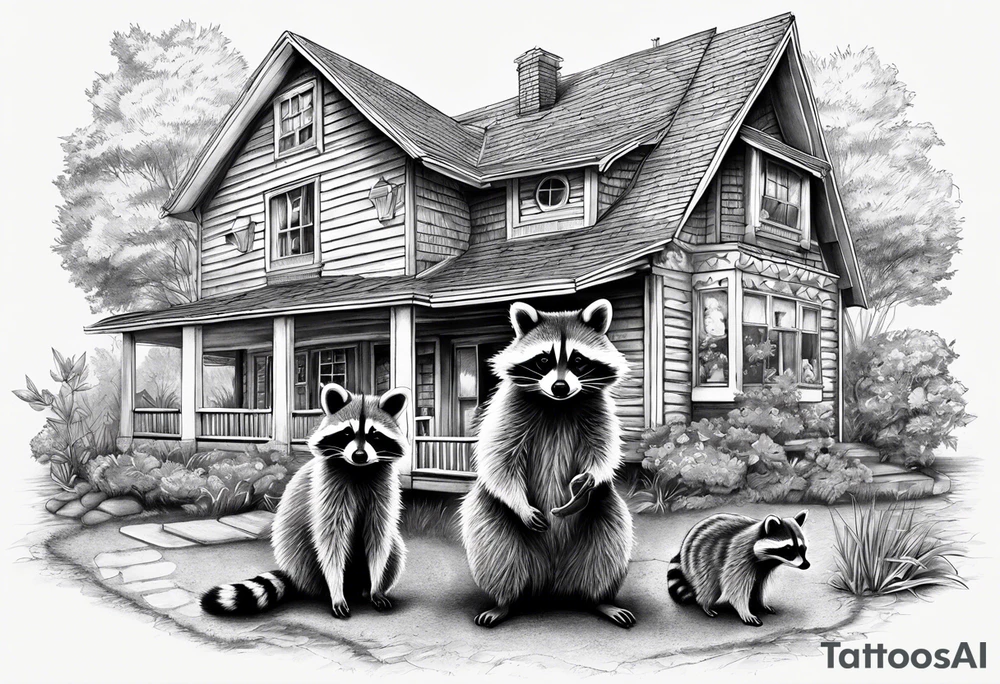 Raccoon Family in Front of her New house.
The Husband hast Tools in His Hands.
The wife holds a cake.
The Childs plays with a ball tattoo idea