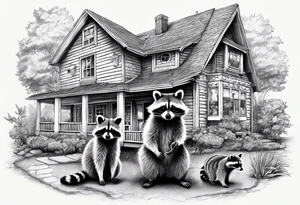 Raccoon Family in Front of her New house.
The Husband hast Tools in His Hands.
The wife holds a cake.
The Childs plays with a ball tattoo idea