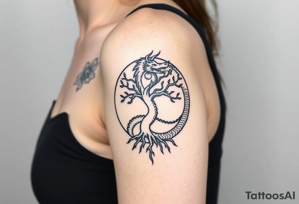 a dragon forming a circle with its body.  the dragon encircles the tree of life.   the tree of life has fruit  and the dragon is eating the fruit. the roots of the tree are strangling the tail of the dragon tattoo idea