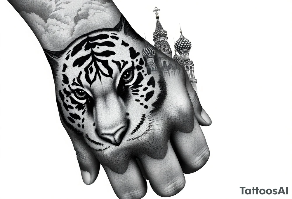 Realistic tiger face on the back of the hand with strong contrast and fine detail with its eyes completely black. with a highly detailed Russian Orthodox cathedral sitting above on fore arm with onion domes and orthodox crosses, done in fine line, engraving-like style. Cohesive composition, black ink only, no color, high contrast, slightly aged, documentary-style, plain light background. with clouds above and a virgin mary 
spanning from my hand to lower fore arm tattoo idea