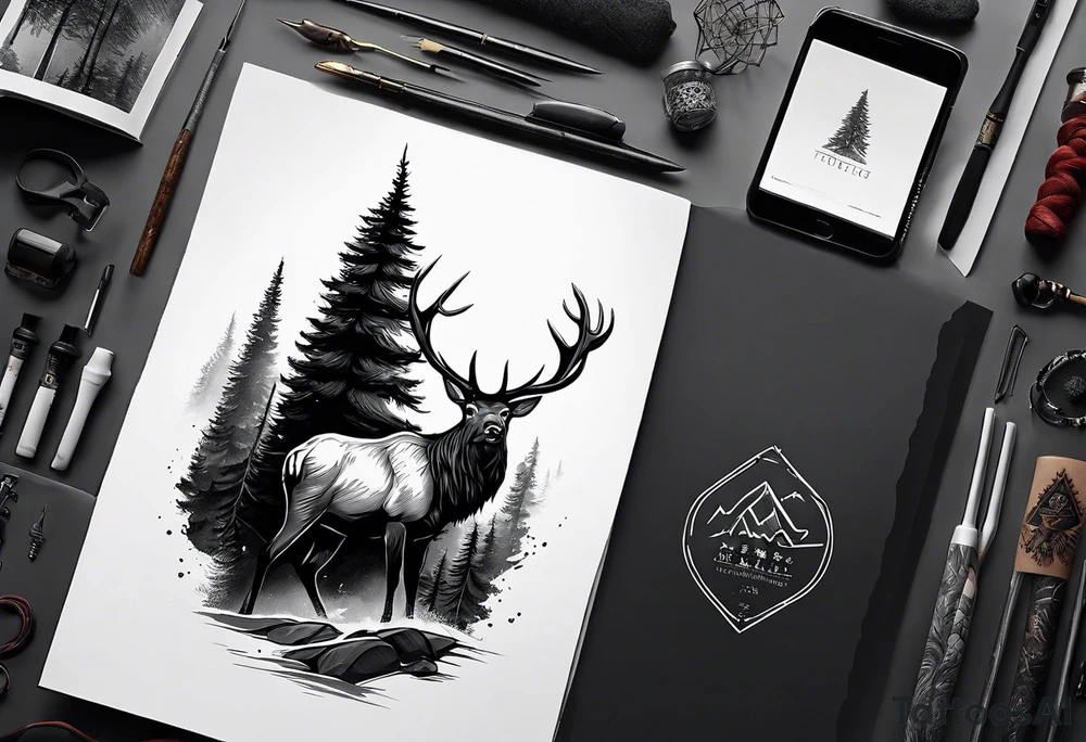 sleeve pine tree moutain elk tattoo idea