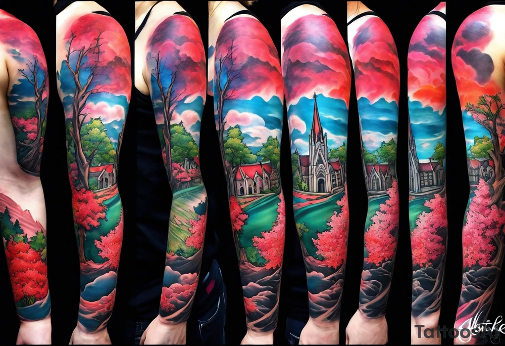 Full arm sleeve with multiple elements blended together. I want the Duke university chapel , cherry tree elements , red clouds from akatski , naruto or sauske , Atl skyline and captain C tattoo idea