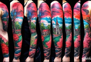 Full arm sleeve with multiple elements blended together. I want the Duke university chapel , cherry tree elements , red clouds from akatski , naruto or sauske , Atl skyline and captain C tattoo idea