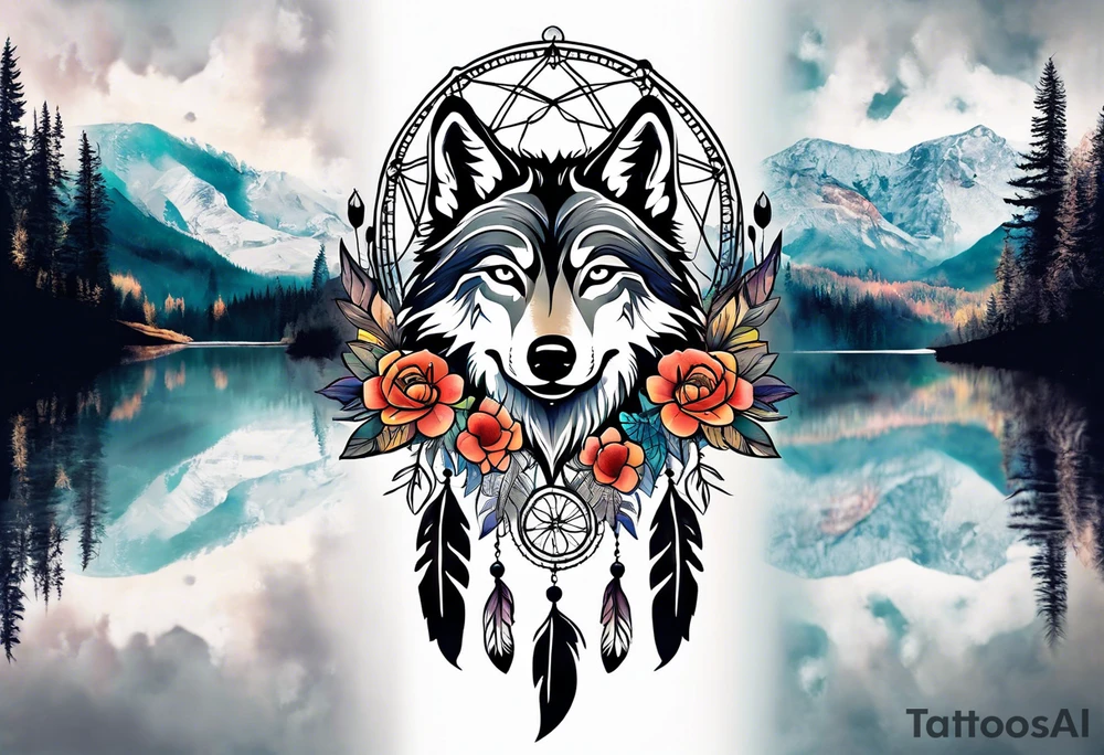 A whimsical wolf tattoo featuring mandala or dream catcher elements, with the wolf as the central focus, surrounded by mountains in the background. Include flowers and nature elements to fill the space around the wolf. Some color but not completely solid bold color tattoo idea