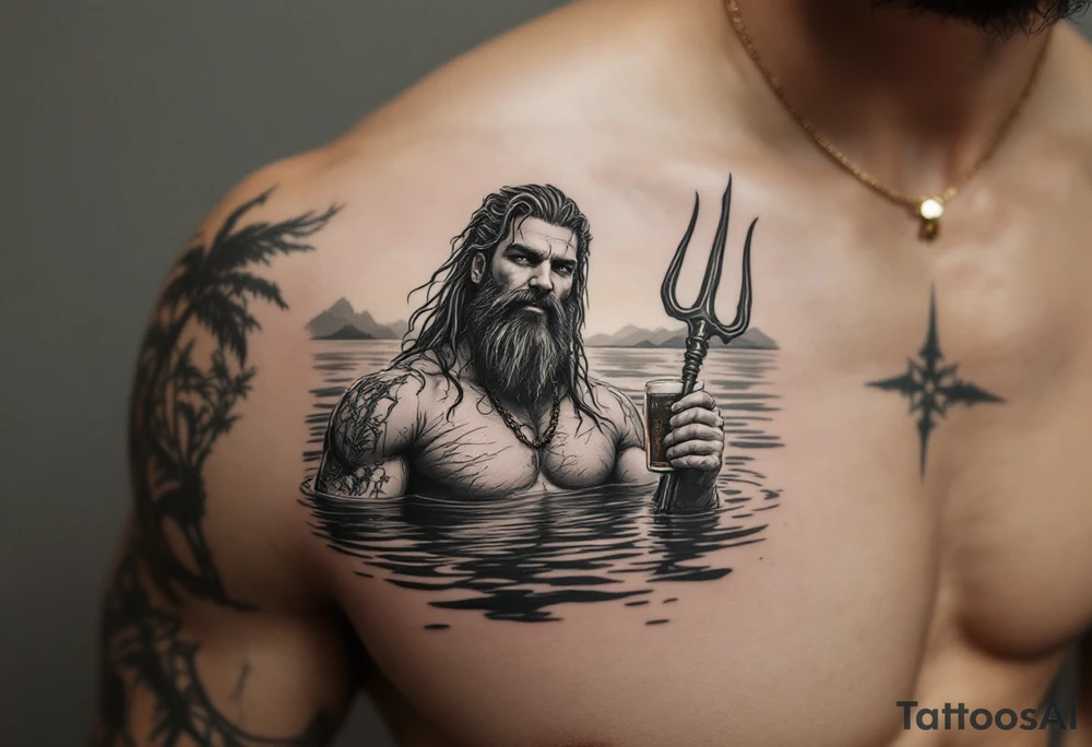 young, happy, fit poseidon in calm water, holding a trident, drinking a beer, with sunset tattoo idea