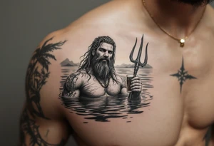 young, happy, fit poseidon in calm water, holding a trident, drinking a beer, with sunset tattoo idea