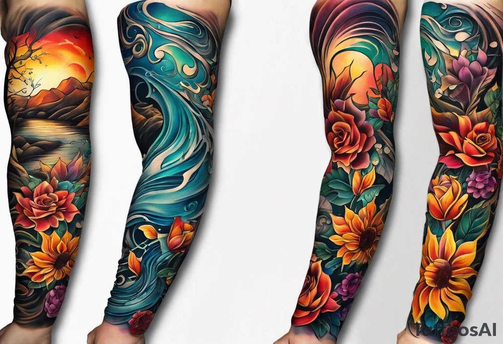 arm sleeve with fall colors, flowers, water flow shapes, leaves and various natural shapes, music notes, skulls tattoo idea