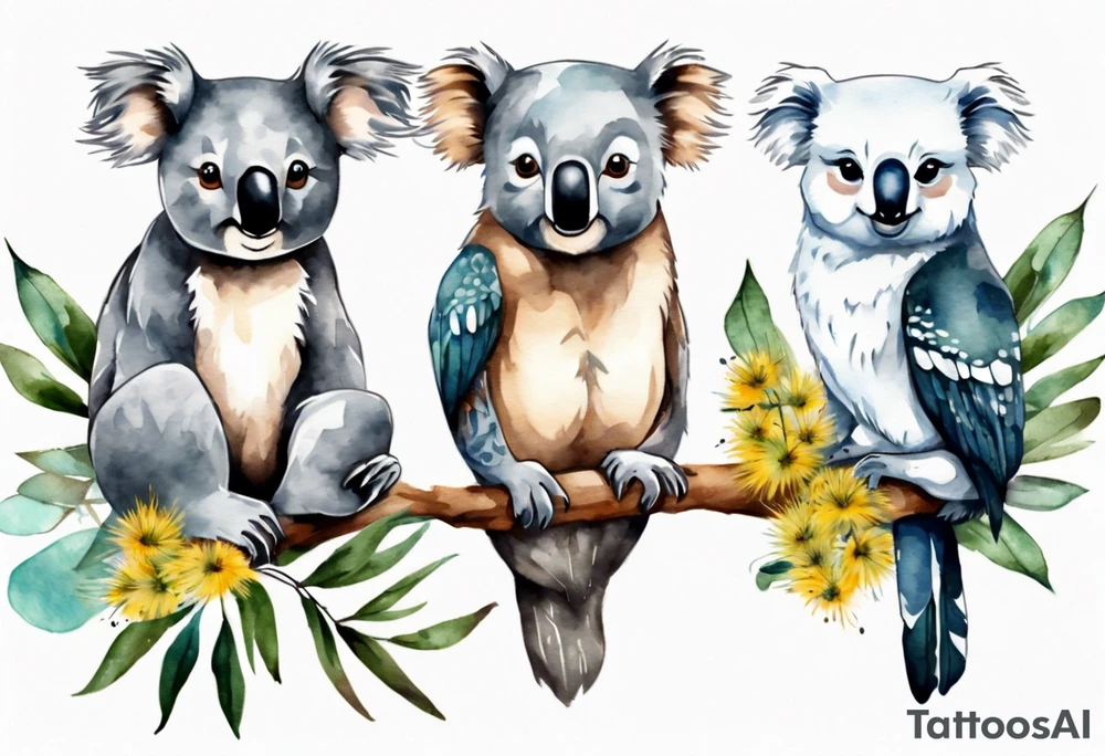 Koala and kookaburra separately sitting on wattle and eucalyptus leaves tattoo idea
