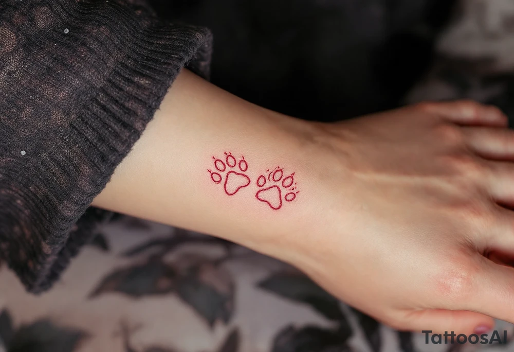 Two delicate paw outlined in pink, placed near the heart or wrist, elegant and minimal. tattoo idea