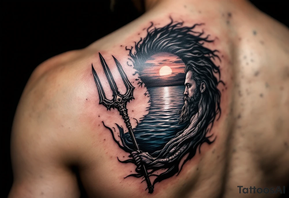 trident with Poseidon half way under calm water at sunset tattoo idea
