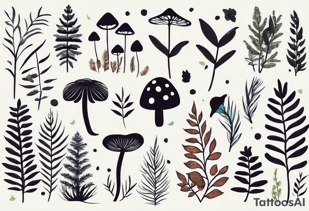 forest floor inspired minimalist tattoo, which includes grass, curly ferns, moss and dead leaves as the bulk of the tattoo. details to include: forest berries, a tiny bumblebee flying nearby, three small brown mushrooms
Generate a vertically long one tattoo idea