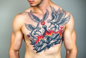 Heaven’s angels fighting hells demons. Angels flying and demons climbing up out of hell tattoo idea