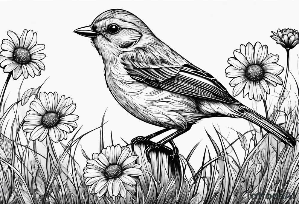 Fine line Little bird perched in grass with a daisy tattoo idea
