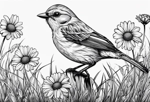 Fine line Little bird perched in grass with a daisy tattoo idea